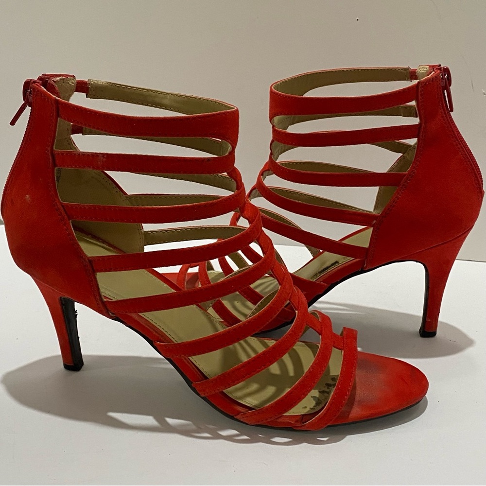 Catos Red Strappy Heels Womens 9 Cage Sandals Stiletto Ankle Back Zip 3.75" Heel